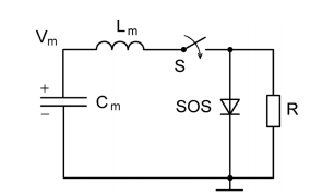 Experimental circuit showing an SOS diode-connected parallel with the resistive load R
