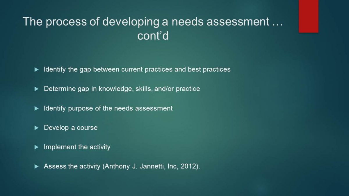 The process of developing a needs assessment … cont’d