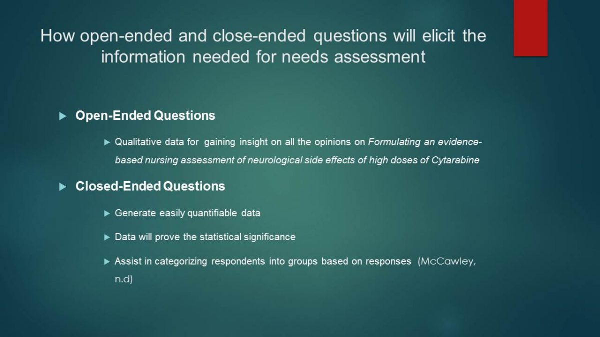 How open-ended and close-ended questions will elicit the information needed for needs assessment