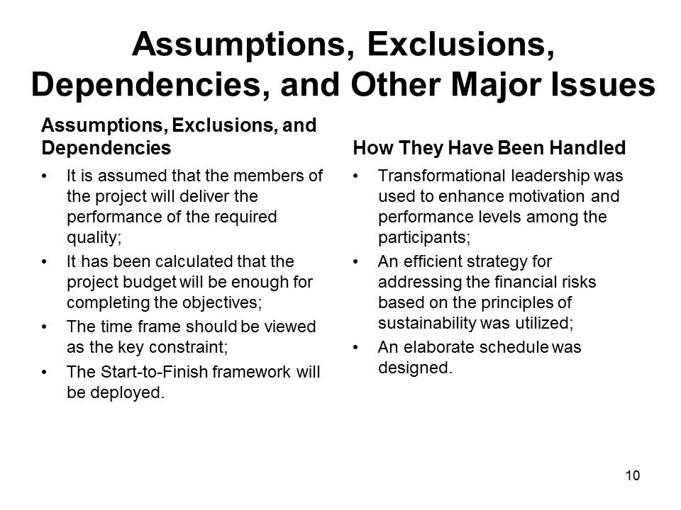 Assumptions, Exclusions, Dependencies, and Other Major Issues