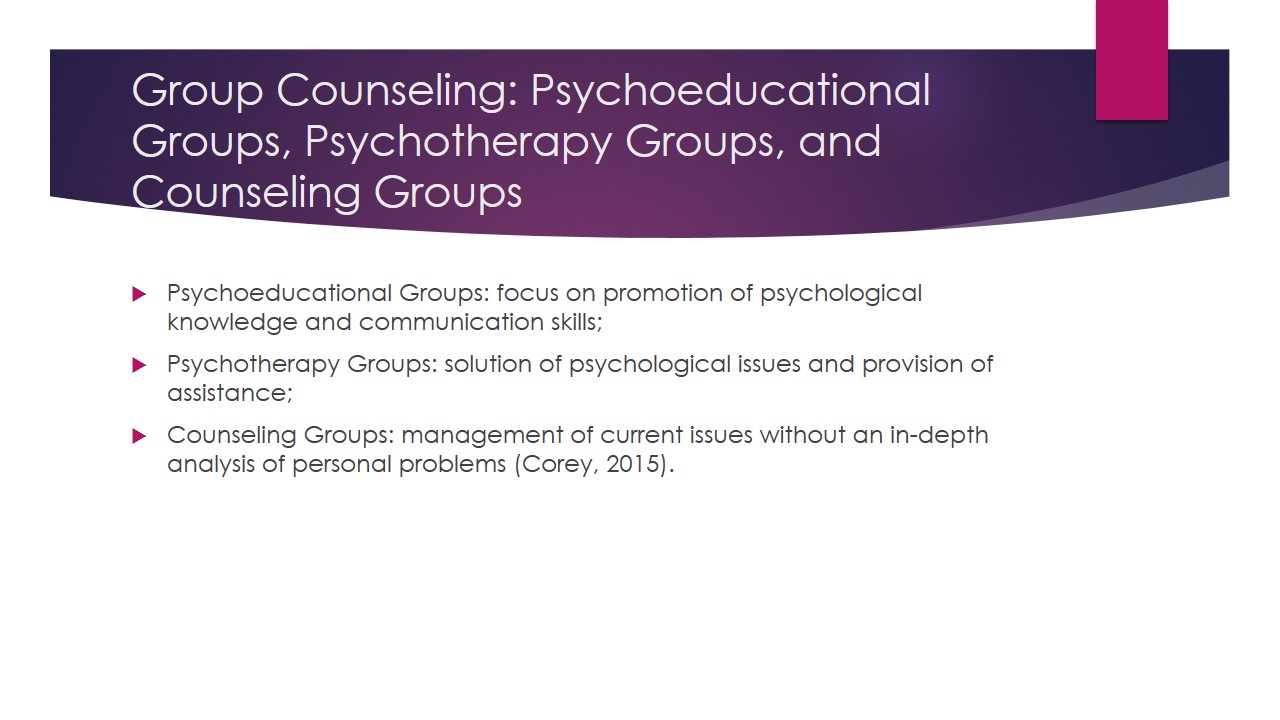 Group Counseling: Psychoeducational Groups, Psychotherapy Groups, and Counseling Groups