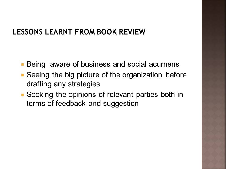 Lessons Learnt From Book Review