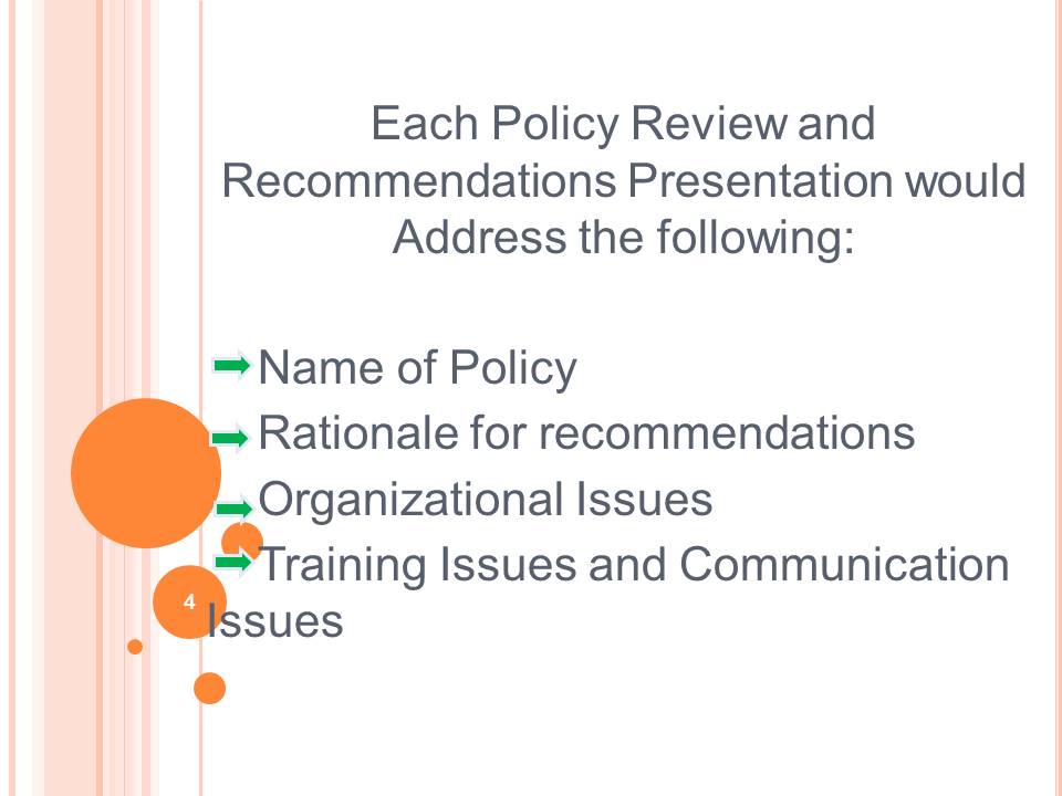 Each Policy Review and Recommendations Presentation Would Address the Following