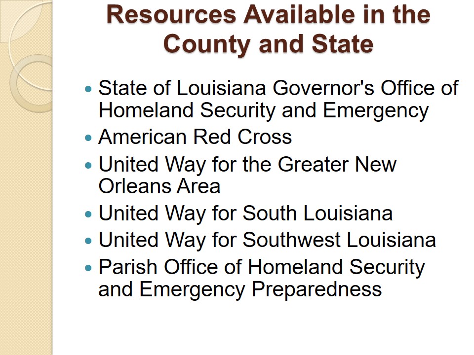 Resources Available in the County and State