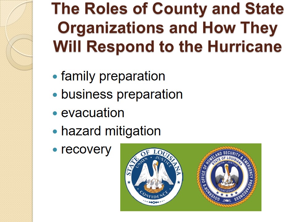 The Roles of County and State Organizations and How They Will Respond to the Hurricane