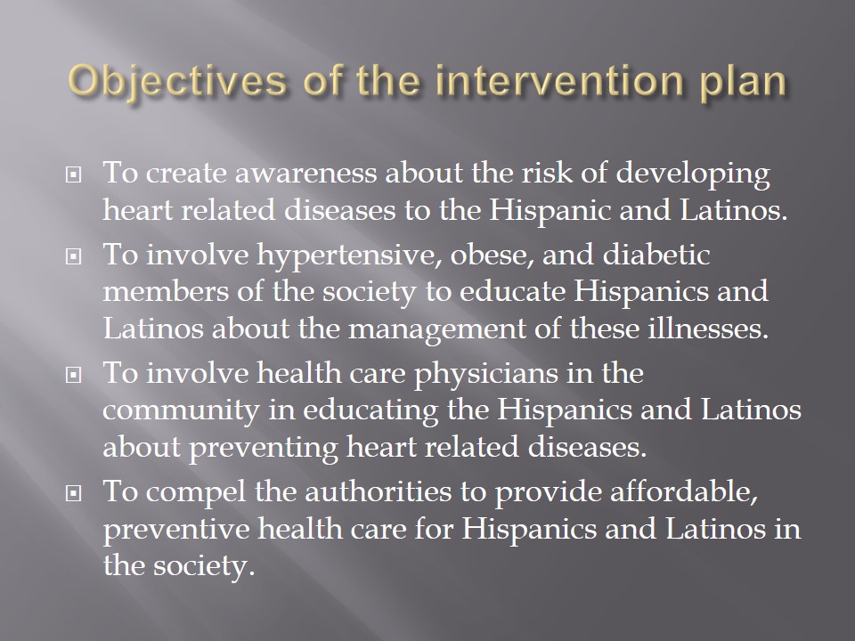 Objectives of the intervention plan