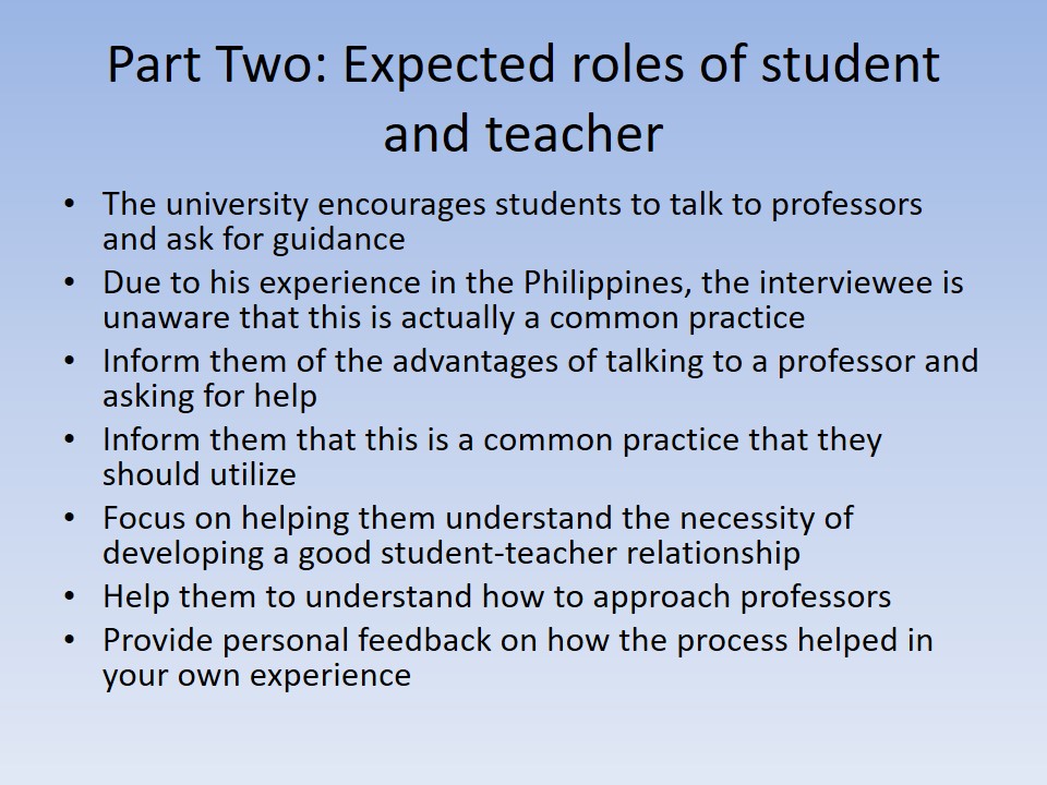 Expected roles of student and teacher