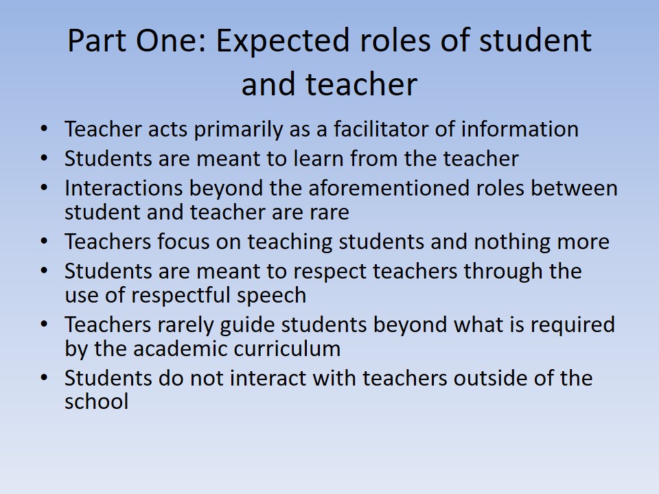 Expected roles of student and teacher