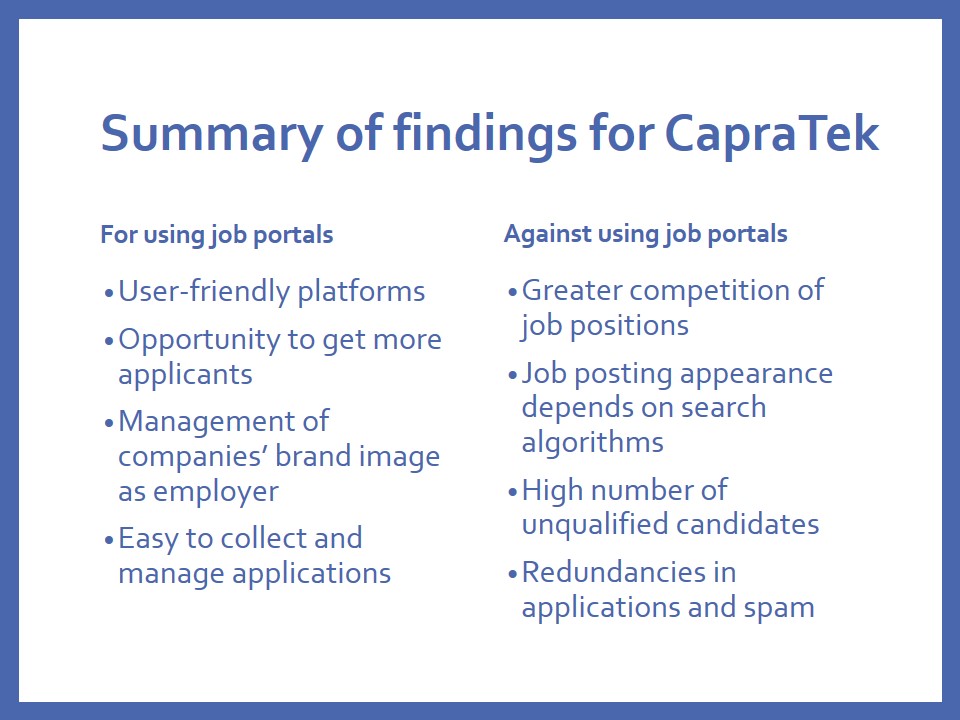 Summary of findings for CapraTek