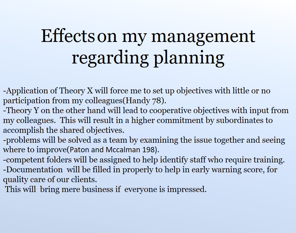 Effects on my management regarding planning