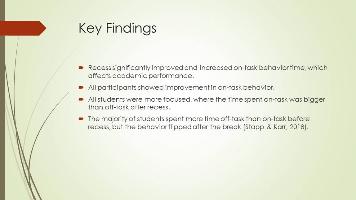 Effect of recess on fifth grade students’ time on-task in an elementary classroom. Key findings.
