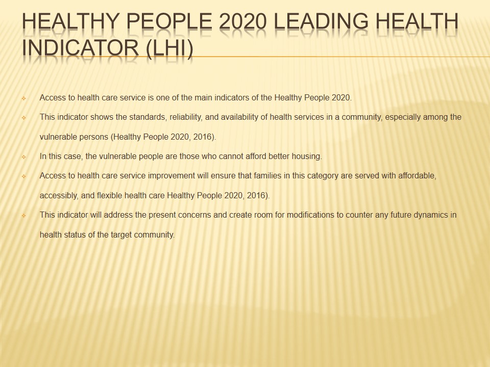 Healthy People 2020 Leading Health Indicator (LHI)
