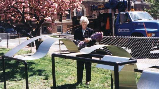 Sculptor Miriam Knapp at her installation, “Mary Lou” in 2000 next to the Bates Art Center.