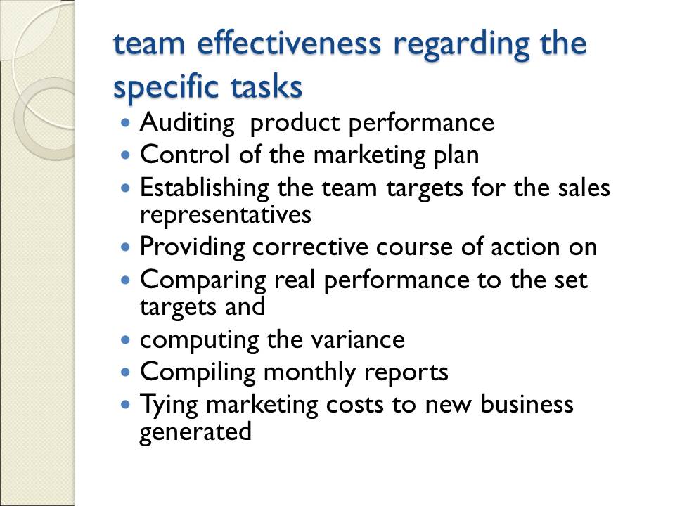 Team effectiveness regarding the specific tasks