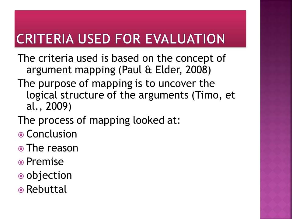 Criteria used for evaluation