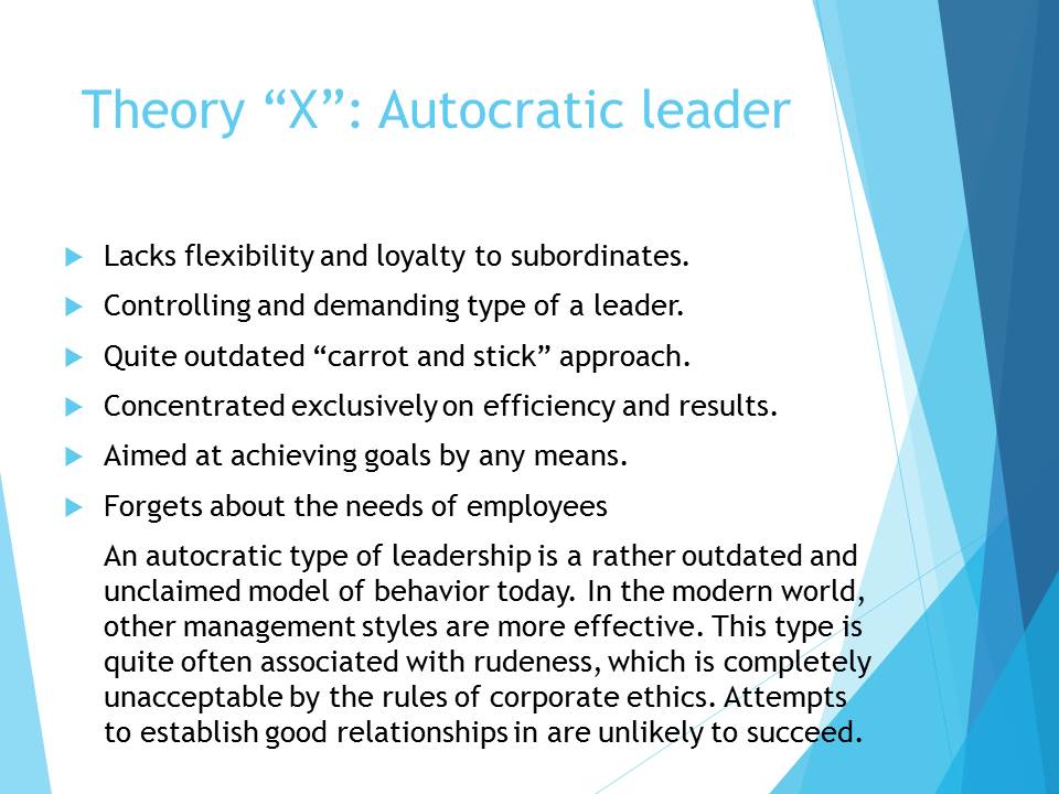 Theory “X”: Autocratic leader