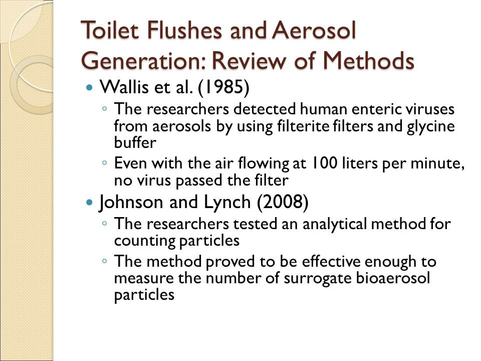 Toilet Flushes and Aerosol Generation: Review of Methods