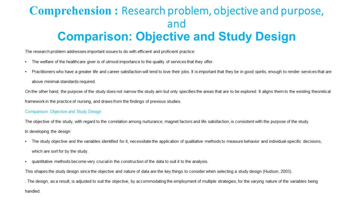 Comprehension: Research problem, objective and purpose, and Comparison: Objective and Study Design