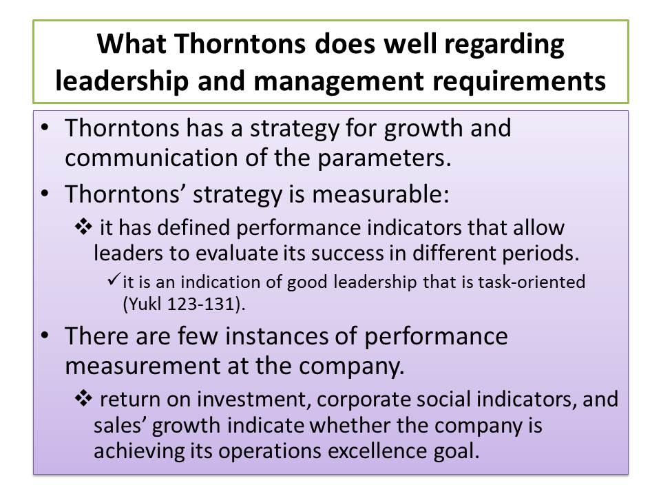 What Thorntons does well regarding leadership and management requirements