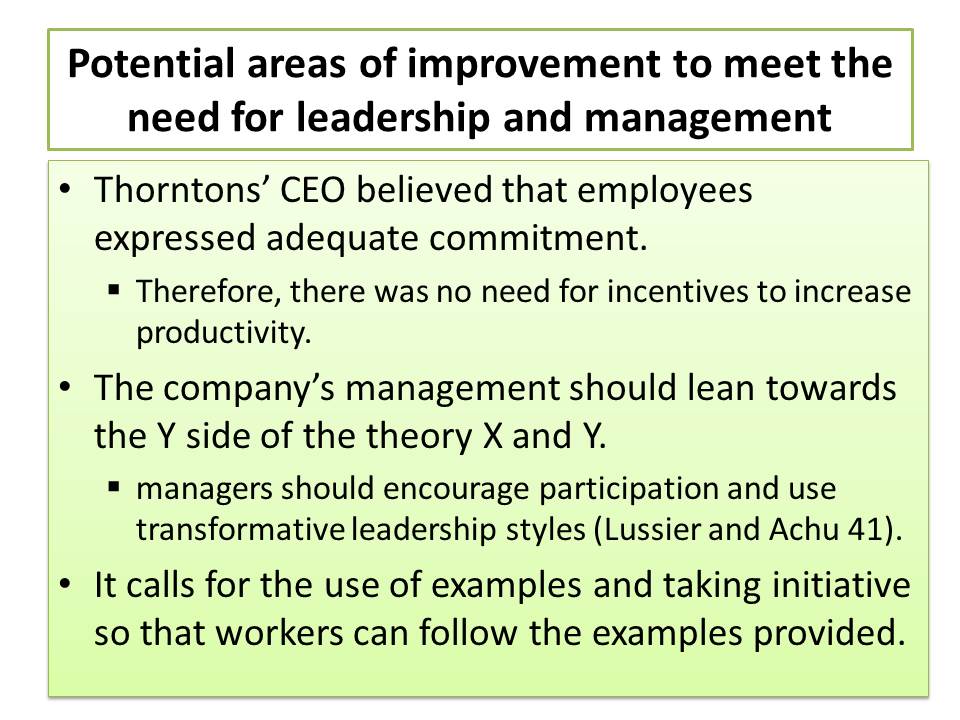Potential areas of improvement to meet the need for leadership and management