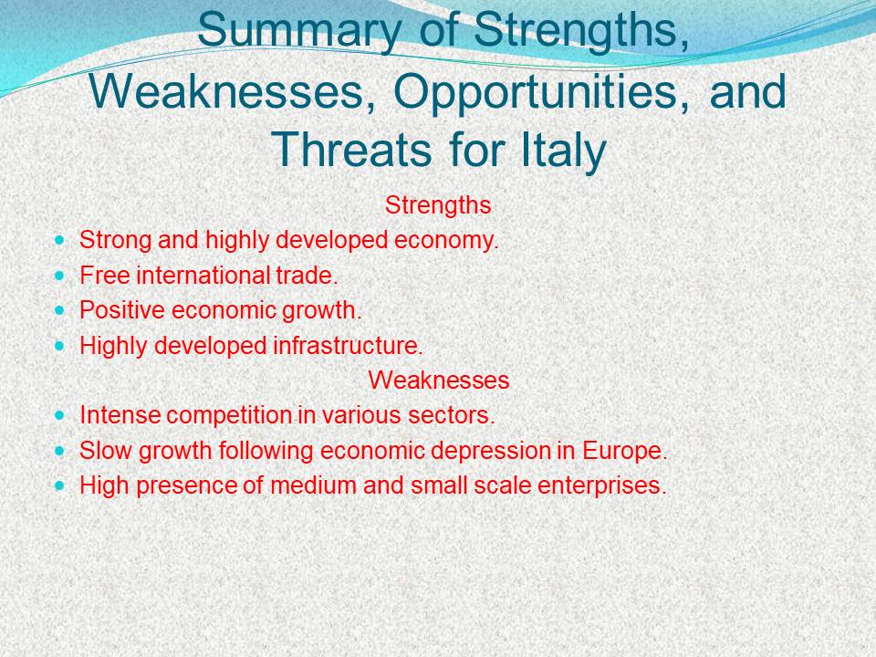 Summary of Strengths, Weaknesses, Opportunities, and Threats for Italy