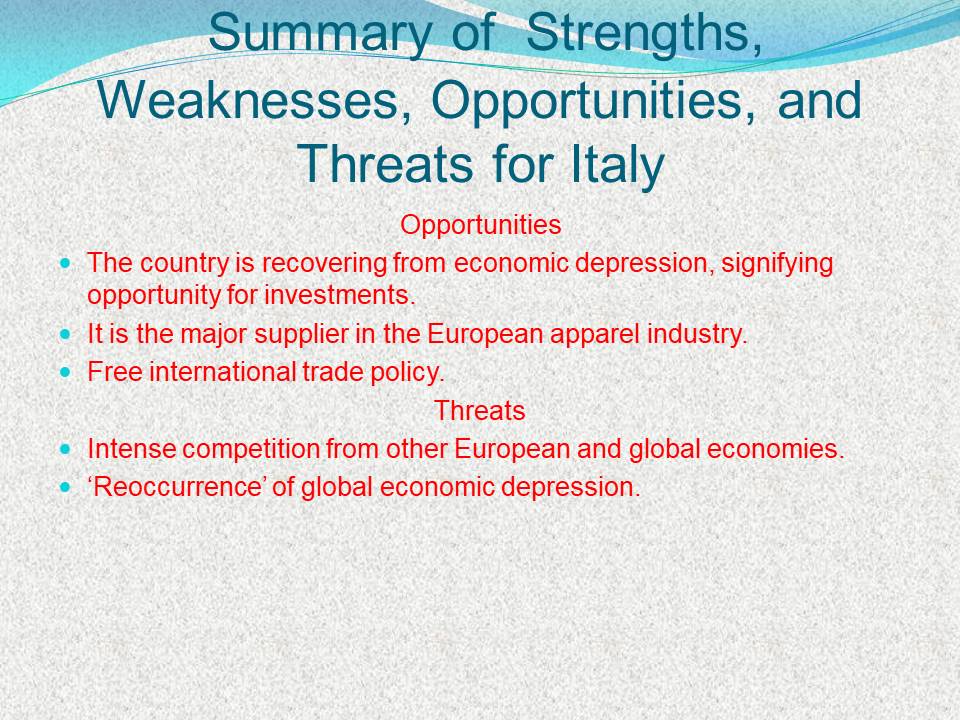 Summary of Strengths, Weaknesses, Opportunities, and Threats for Italy