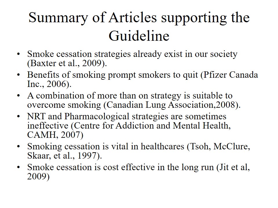 Summary of Articles supporting the Guideline
