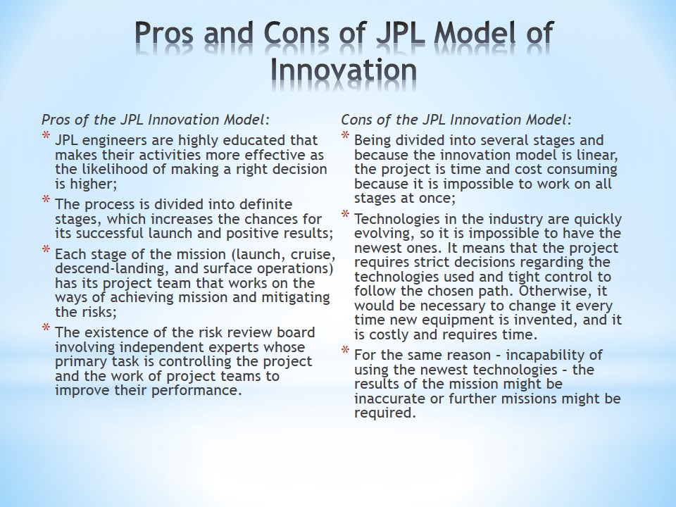 Pros and Cons of JPL Model of Innovation
