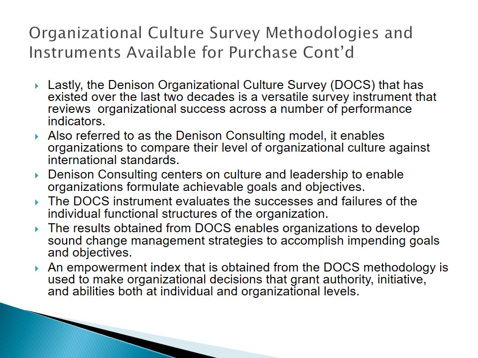 Organizational Culture Survey Methodologies and Instruments Available for Purchase