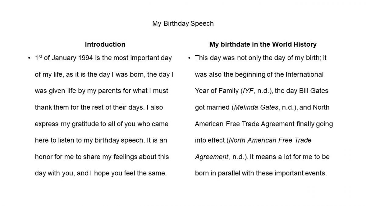 Personal Birthday Speech 580 Words Presentation Example