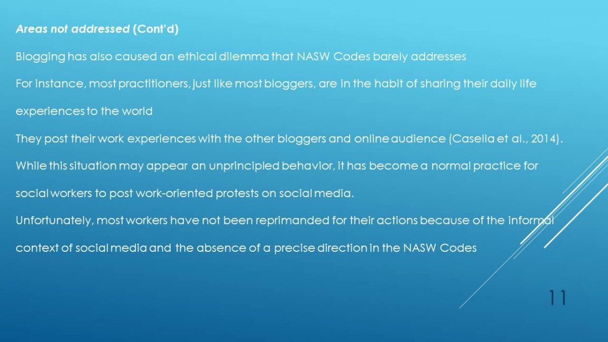 Areas not addressed by NASW Code of Ethics in relation Social Media and Social work practice