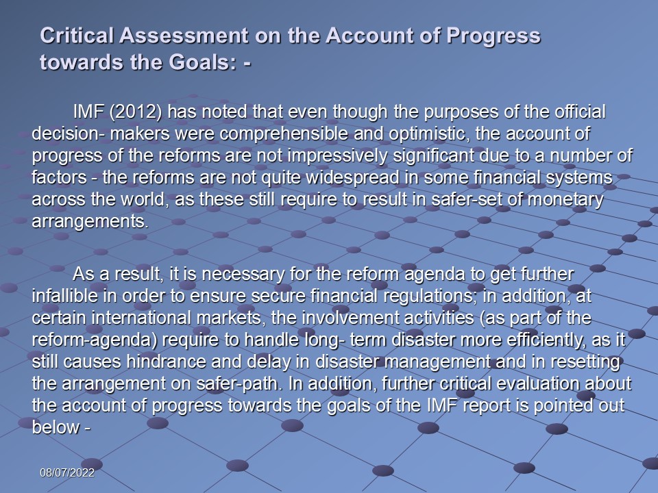 Critical Assessment on the Account of Progress towards the Goals