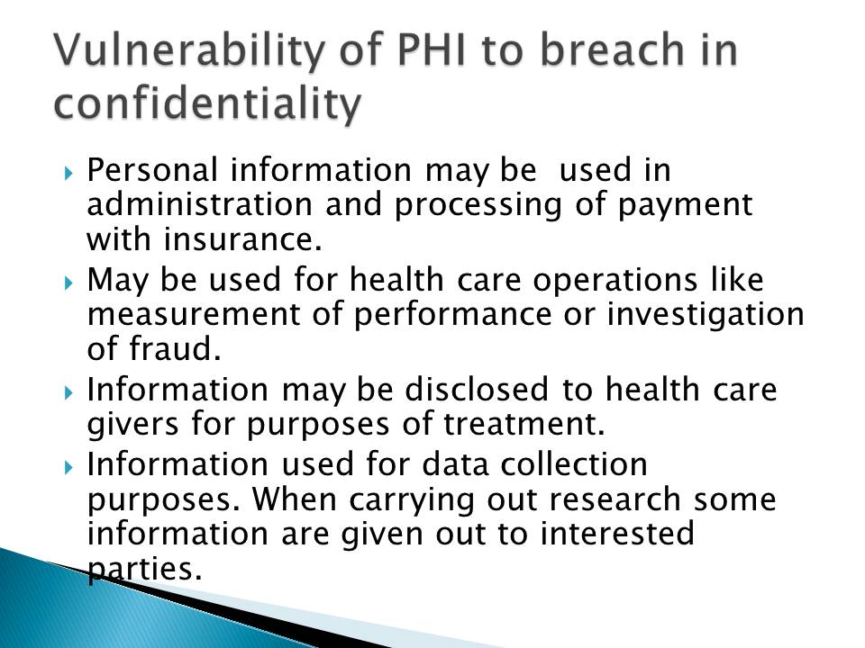 Vulnerability of PHI to breach in confidentiality