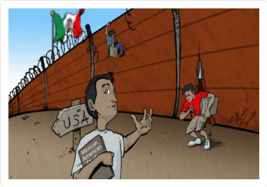 An illustration comparing crossing the border to the plight of Mexican American studies supporters who want to get the books and curriculum back into the TUSD. 