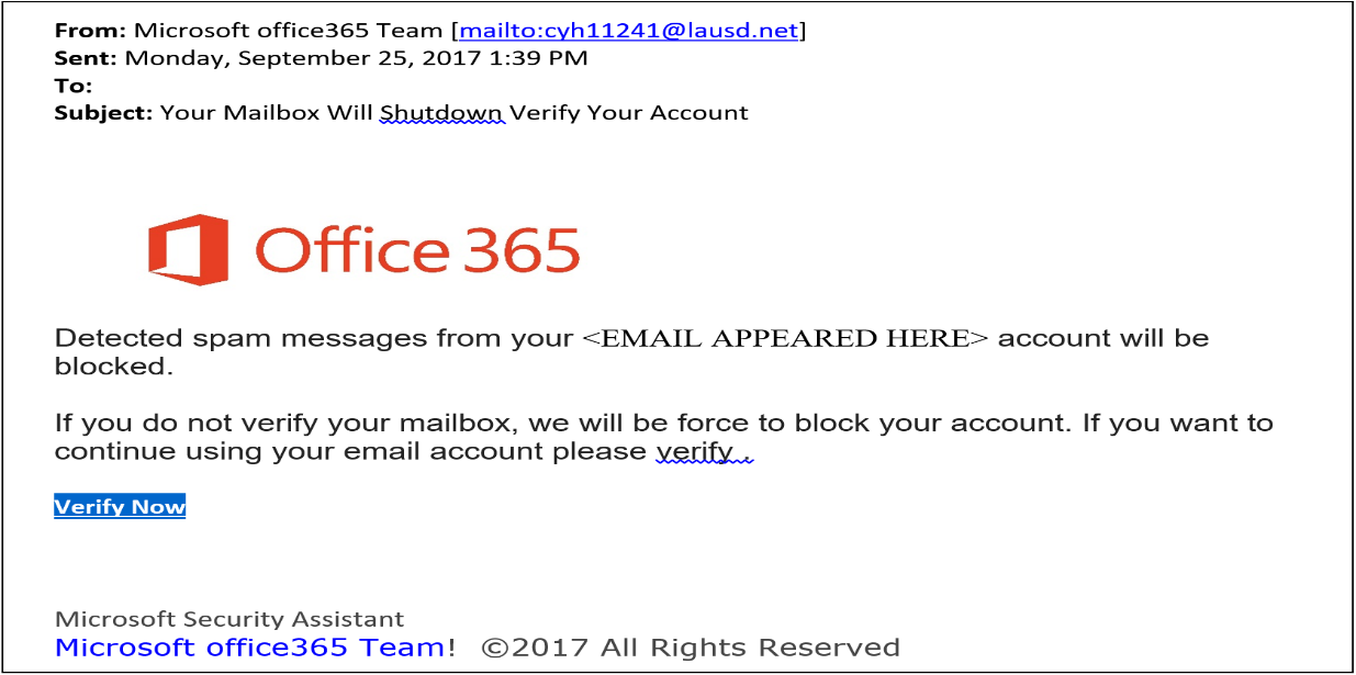 Microsoft warning users of possible spam intrusion in their outlook account 