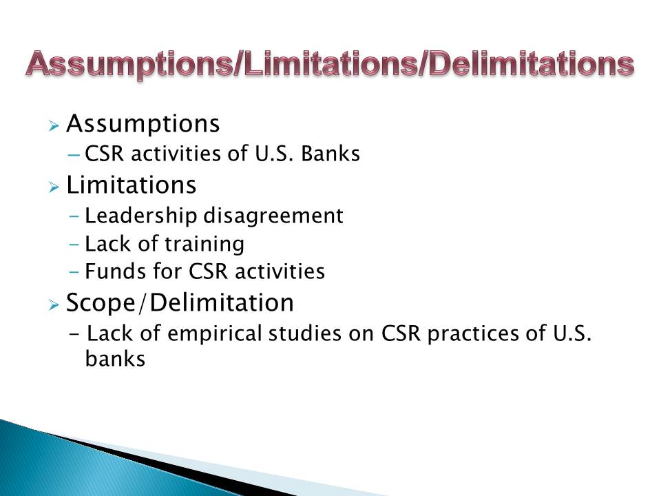 Assumptions/Limitations/Delimitations