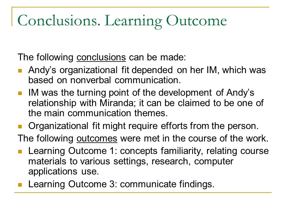 Conclusions. Learning Outcome