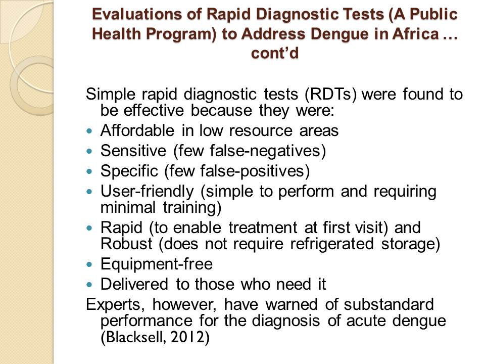 Evaluations of Rapid Diagnostic Tests (A Public Health Program) to Address Dengue in Africa