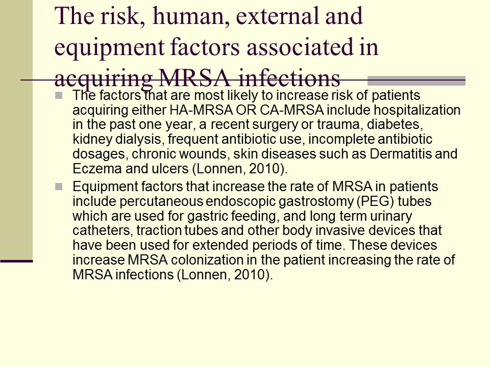 The risk, human, external and equipment factors associated in acquiring MRSA infections