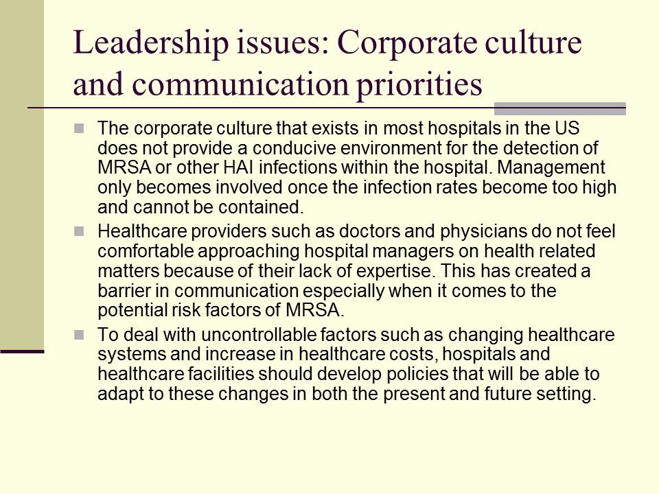 Leadership issues: Corporate culture and communication priorities