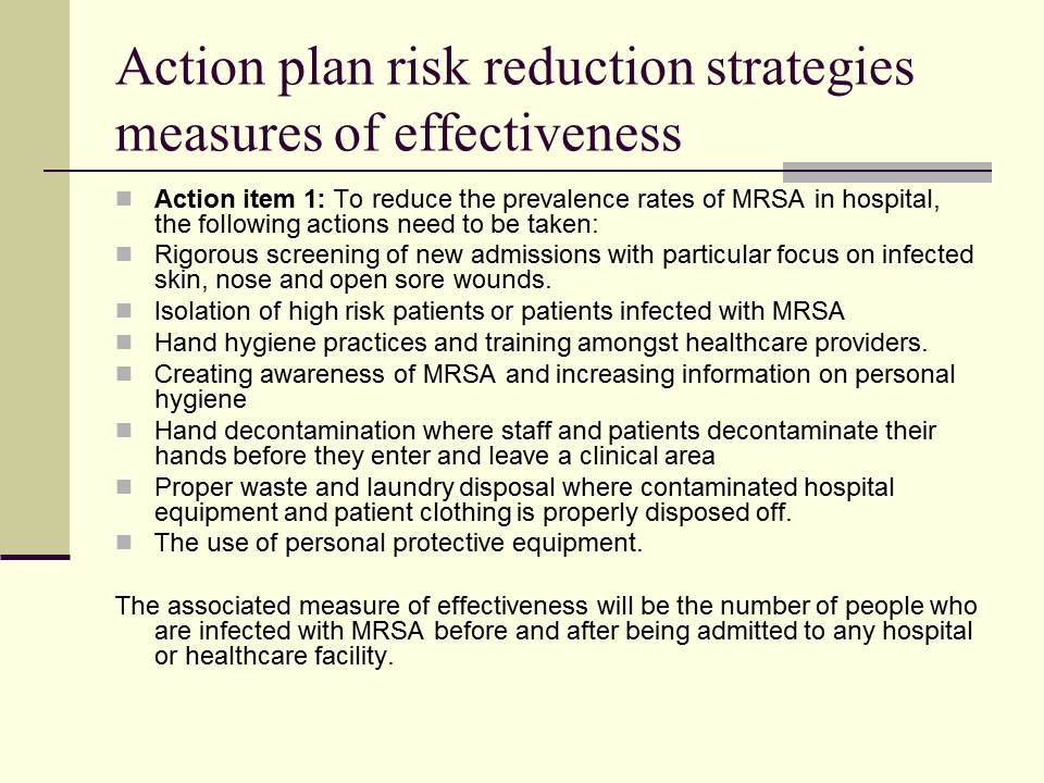 Action plan risk reduction strategies measures of effectiveness