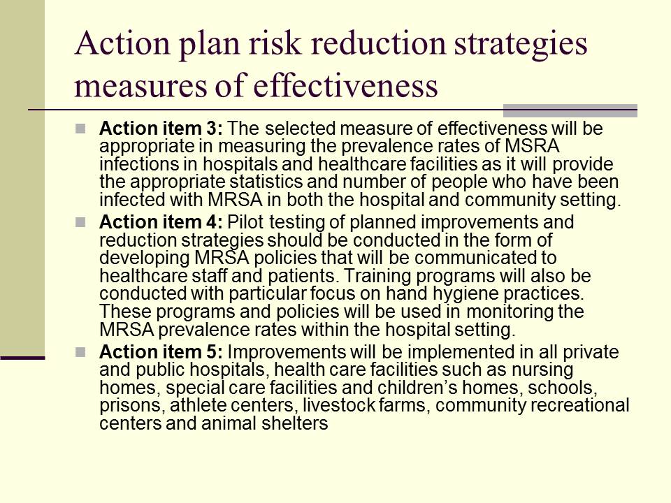 Action plan risk reduction strategies measures of effectiveness