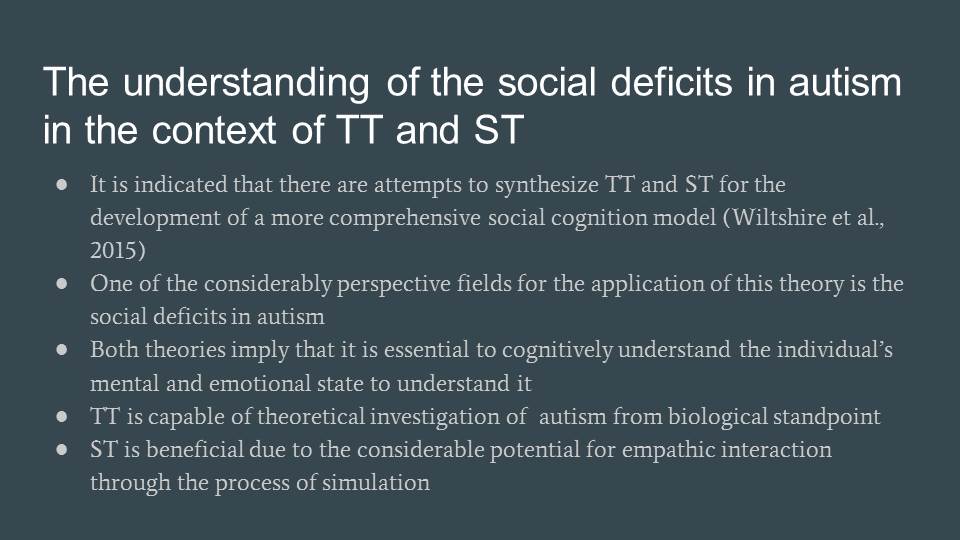 The understanding of the social deficits in autism in the context of TT and ST