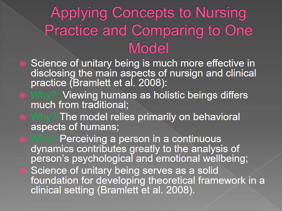 Applying Concepts to Nursing Practice and Comparing to One Model