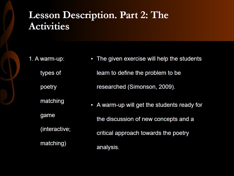 Lesson Description. Part 2: The Activities