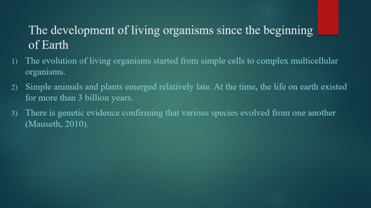 The development of living organisms since the beginning of Earth