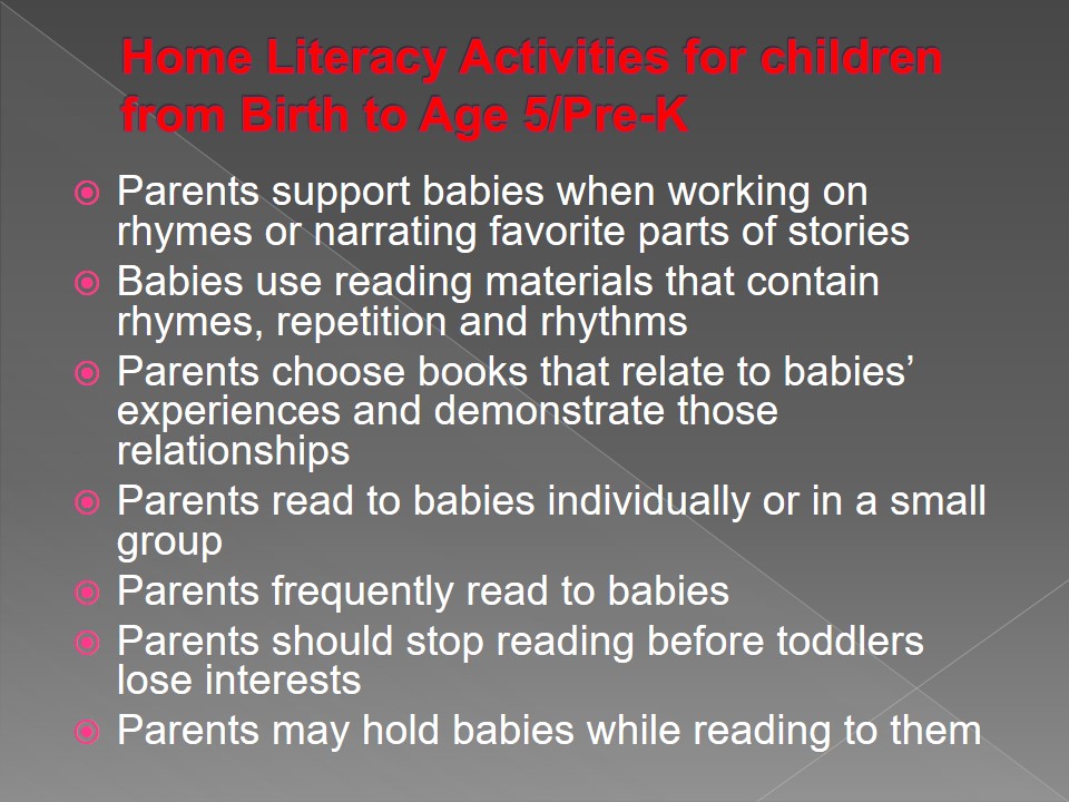 Home Literacy Activities for children from Birth to Age 5/Pre-K