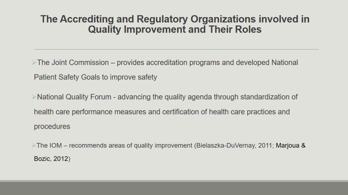 The Accrediting and Regulatory Organizations involved in Quality Improvement and Their Roles