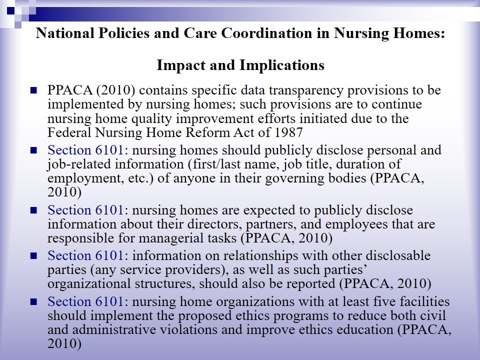 National Policies and Care Coordination in Nursing Homes: Impact and Implications