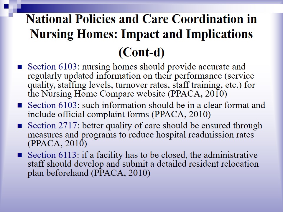 National Policies and Care Coordination in Nursing Homes: Impact and Implications